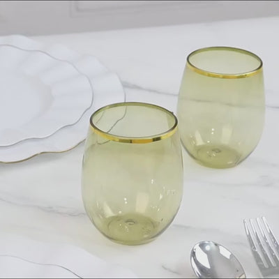 12-Pack Plastic Wine Tumblers Transparent Dusty Sage Green with Gold Rim
