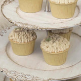 3-Tier Whitewashed Plastic Cupcake Tower Stand with Antique Gold Embossed Baroque Rim 13inch