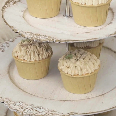 3-Tier Whitewashed Plastic Cupcake Tower Stand with Antique Gold Embossed Baroque Rim 13inch