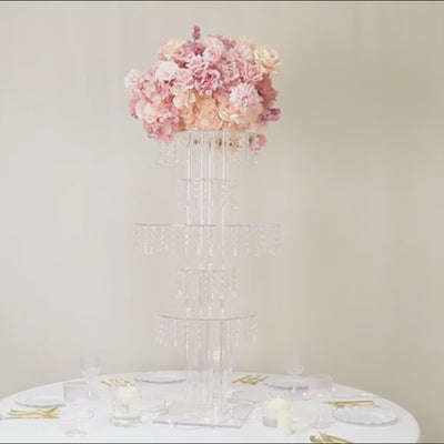 5-Tier Clear Acrylic Chandelier Flower Stand with Hanging Crystals – 39inch Tall Table Centerpiece