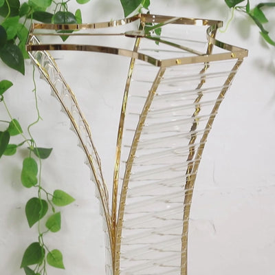 Gold metal flower stand with crystal pendant design, perfect for centerpieces.