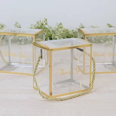 25 Pack Plastic Clear Square Gift Boxes with Gold Trim - Transparent Favor Boxes, Rope Handle