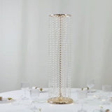 Gold metal flower stand vase with hanging crystal beads, 32" tall centerpiece.