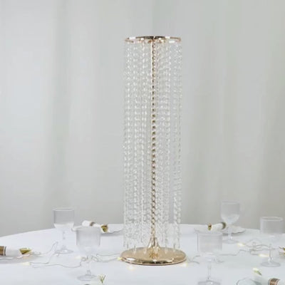 Gold metal flower stand vase with hanging crystal beads, 32" tall centerpiece.