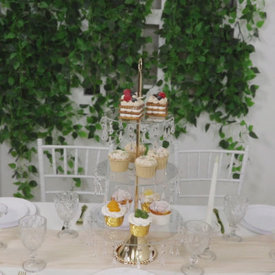 3-Tier Gold Cupcake Stand – 2ft Acrylic and Metal Dessert Display Tower with Hanging Crystals