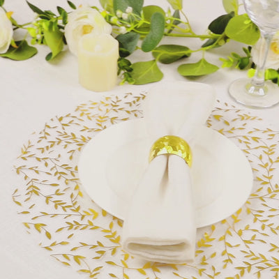 10 Pack White Mesh Organza Dining Table Mats Gold Foil Leaf Vines, Floral Round Placemats - 13inch