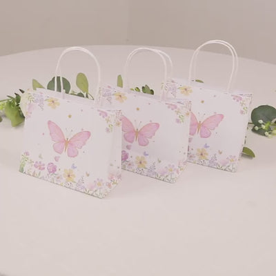 12 Pack Pink Glitter Butterfly Paper Favor Bags With Handles, Floral Print White Goodie Gift Bags