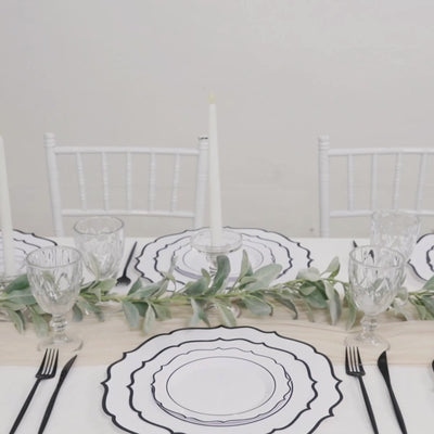 10-Pack Plastic 8inch Round Dessert Plates in White with Black Scalloped Rim - Disposable