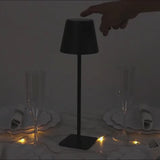 Black metal LED table lamp with classic empire lampshade and touch control.