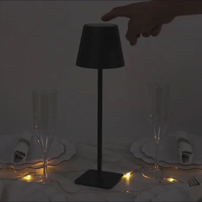Black metal LED table lamp with classic empire lampshade and touch control.