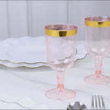 12 Pack Plastic Short Stem Wine Glasses Transparent Blush/Gold Rim - Stylish Disposable Drinkware 6oz