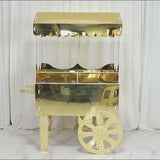 Gold mirrored dessert cart with wheels and shelf for event decor.