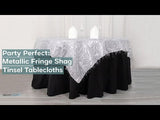 120" Black Metallic Premium Tinsel Shag Round Tablecloth, Shimmery Metallic Fringe Polyester Tablecloth