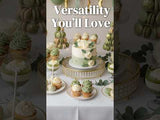 Decorative cake and cupcakes in green and white tones, showcasing versatility.