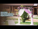 Elegant outdoor wedding arch with pink roses, greenery, and blush drapery