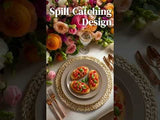 Spill-catching dish design with colorful toppings and floral table setting.