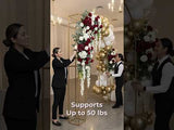 Floral arch support stand with capacity for 50 lbs, used in event decoration.