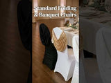 Standard folding and banquet chairs in black and white fabric draped elegantly.