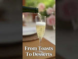 Champagne being poured into a flute for celebrations and desserts.