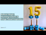 Gold number 15 balloon column with blue balloons for party decoration inspiration.