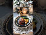 Elegant steak dish with asparagus and potatoes on a decorative plate.