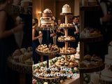 Elegant multi-tiered dessert display with assorted pastries and cakes at a wedding.