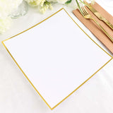 10 Pack | 10inch White / Gold Concave Modern Square Plastic Dinner Plates, Disposable Party Plates