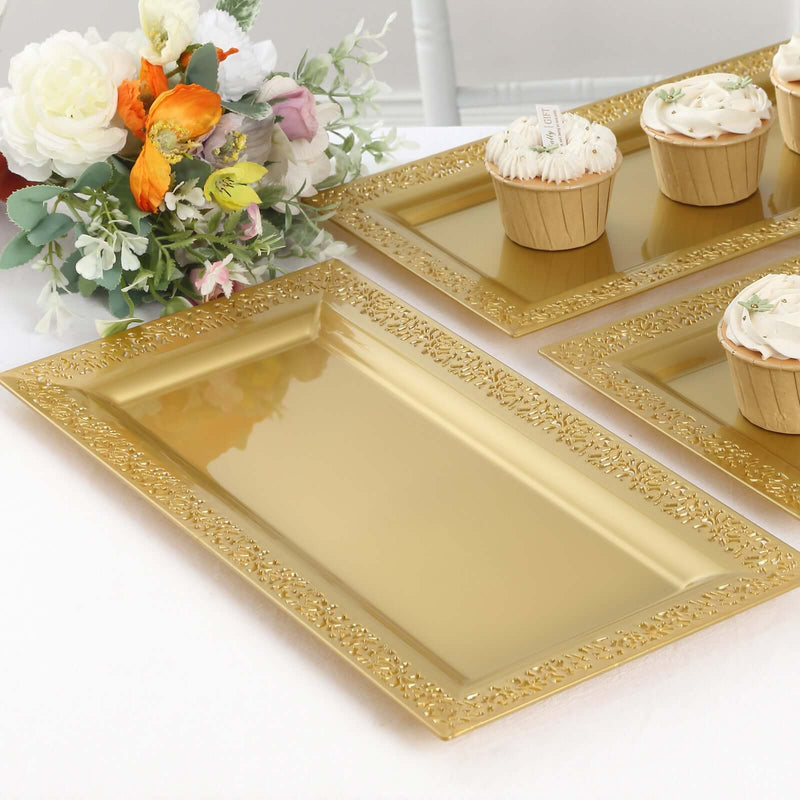 Gold serving trays with floral decor