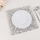 6 Pack Silver Square Acrylic Charger Plates with Hollow Lace Border