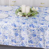 60"x102" White Blue Satin Rectangular Tablecloth in French Toile Floral Pattern, Wrinkle Resistant