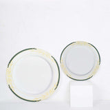 10 Pack | 10inch White With Hunter Emerald Green Rim Plastic Dinner Plates With Gold Vine Design