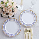 10 Pack White Renaissance Plastic Party Plates With Gold Navy Blue Chord Rim