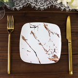 10 Pack | 6inch White / Rose Gold Marble Square Plastic Appetizer Snack Plates, Disposable Plates