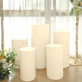 Set of 5 | Beige Cylinder Stretch Fitted Pedestal Pillar Prop Covers, Display Box Stand Covers