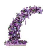 Purple floral arch arrangement with roses and hydrangeas on a white background
