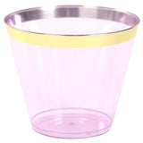 25 Pack 9oz Crystal Purple Gold Rimmed Short Disposable Tumbler Glasses#whtbkgd