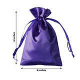 Purple satin drawstring bag, 6 inches tall and 4 inches wide.