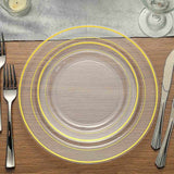 10 Pack | 8inch Très Chic Gold Rim Clear Disposable Salad Plates, Plastic Dessert Appetizer Plates