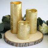 Set of 3 | Metallic Gold Flameless Candles | Battery Operated LED Pillar Candle Lights with Remote Timer - 4"|6"|8"