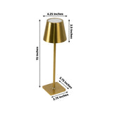 Gold table lamp with measurements: 15 inches tall, 4.25 inches diameter shade.
