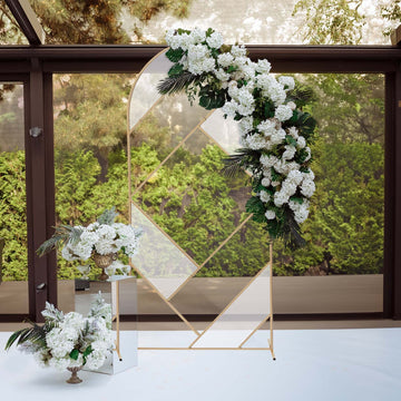 7ft Tall Gold Metal Round Top Geometric Flower Frame Prop Stand, Rectangular Wedding Backdrop Floor Stand With Cloudy Film Insert