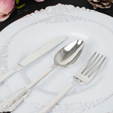 24 Pack | Metallic Silver Baroque Style Heavy Duty Plastic Silverware Set