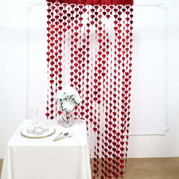 Red Heart Chain Foil Fringe Curtain Party Backdrop, Metallic Red Tinsel Streamer Party Decor - Door Window Foil Curtain - 3ftx6.5ft