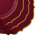 10 Pack | 10inch Burgundy Plastic Dinner Plates Disposable Tableware Round With Gold Scalloped Rim