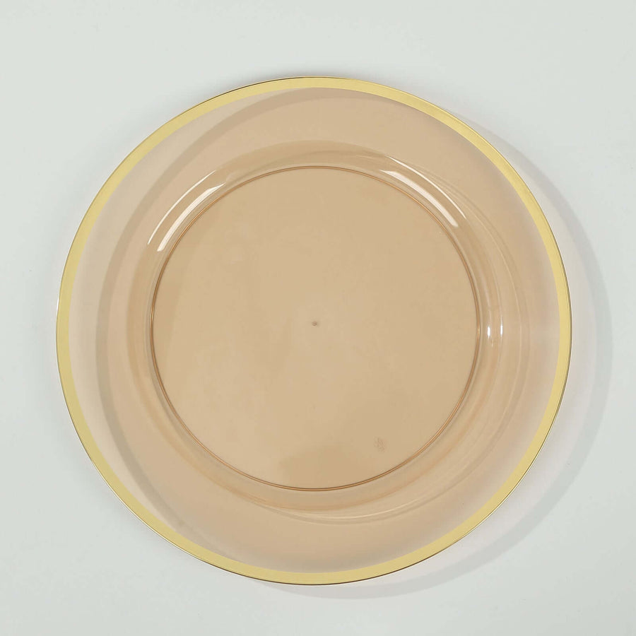 10-Pack Economy Plastic Round Charger Plates 12" in Transparent Amber Gold with Wide Gold Rim, Decorative Dinner Party Serving Plates