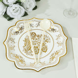 25 Pack White Gold Disposable Party Plates in French Toile Floral Pattern 10inch Paper Dinner Plate