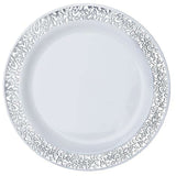 10 Pack | 6inch Silver Lace Rim White Disposable Salad Plates, Plastic Dessert Appetizer Plates