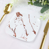 10 Pack | 6inch White / Rose Gold Marble Square Plastic Appetizer Snack Plates, Disposable Plates