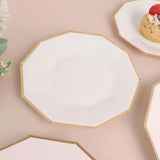 White 7inch Geometric Dessert Salad Paper Plates, Disposable Appetizer Plates Gold Foil Rim