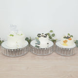 Set of 3 Silver Metal Crystal Pendant Cake Stands with Mirror Top